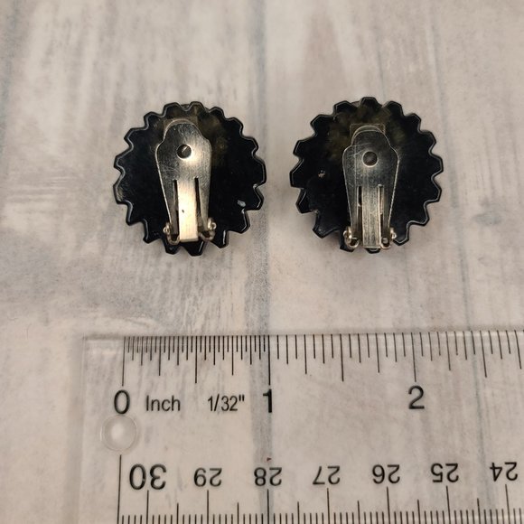 Black Lucite Carved Earrings with AB Crystals. Vintage Pinup Retro Goth - Picture 4 of 9